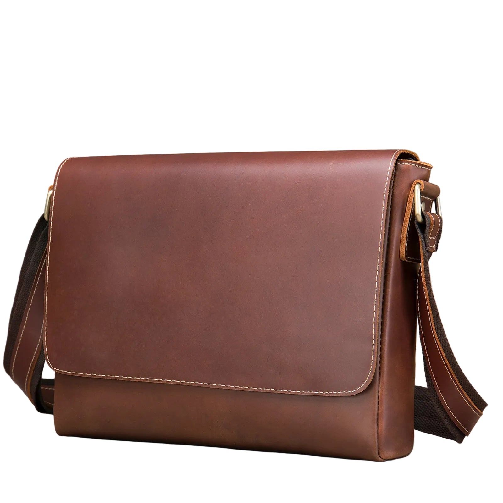 A brown crazy horse leather messenger bag with a buckled flap front