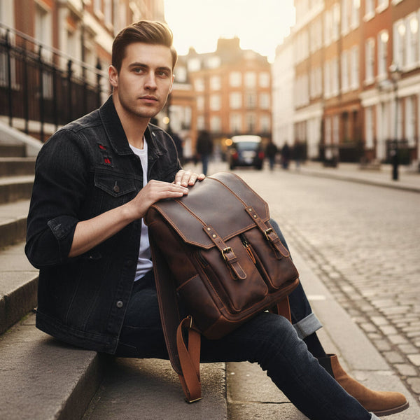 Brown leather backpack showing the natural texture and patina of the leather