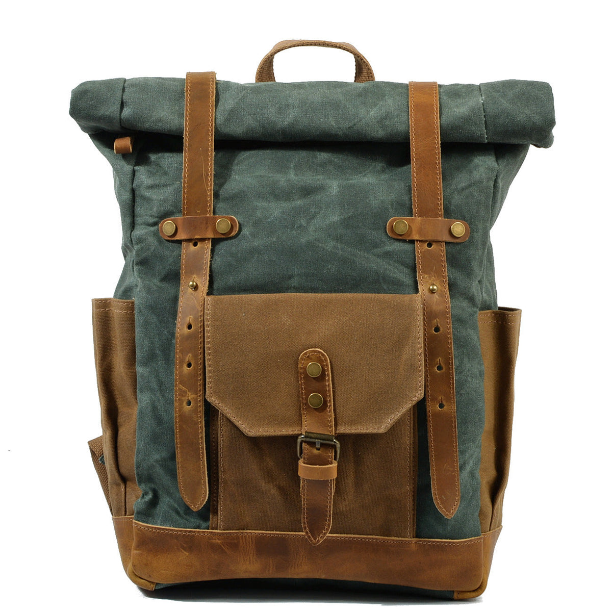 Khal Gold signature styles — waxed canvas roll-top backpack with full-grain leather trim