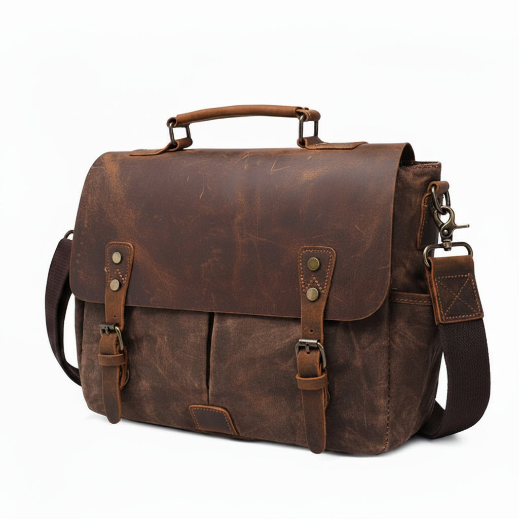Waxed canvas messenger bag with a leather flap, buckled straps and a webbing shoulder strap.