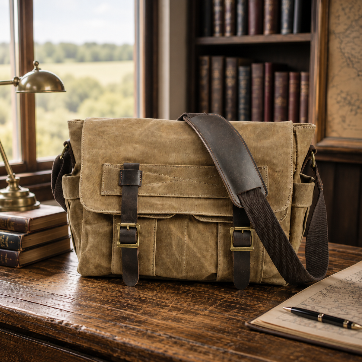 Tan waxed canvas messenger bag with leather straps and brass buckles on a wooden desk.