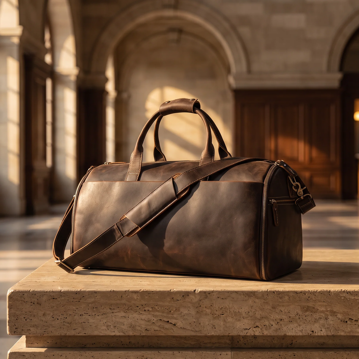 Dark brown leather travel bag on a stone platform in a refined architectural setting.