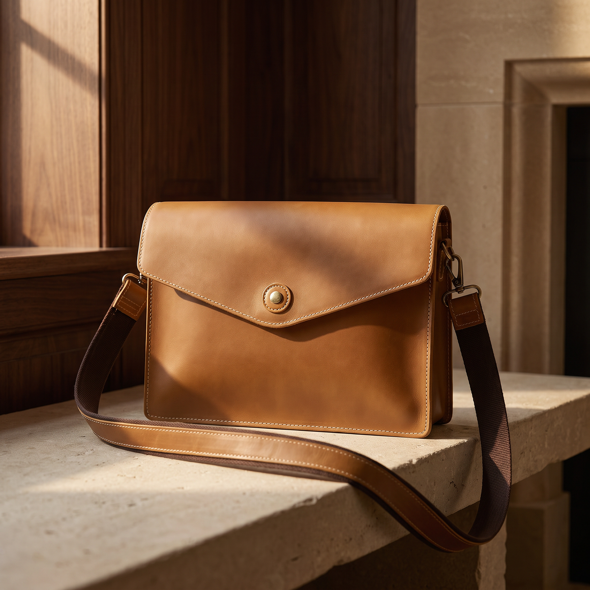 Tan leather messenger bag on warm stone in a refined architectural setting.