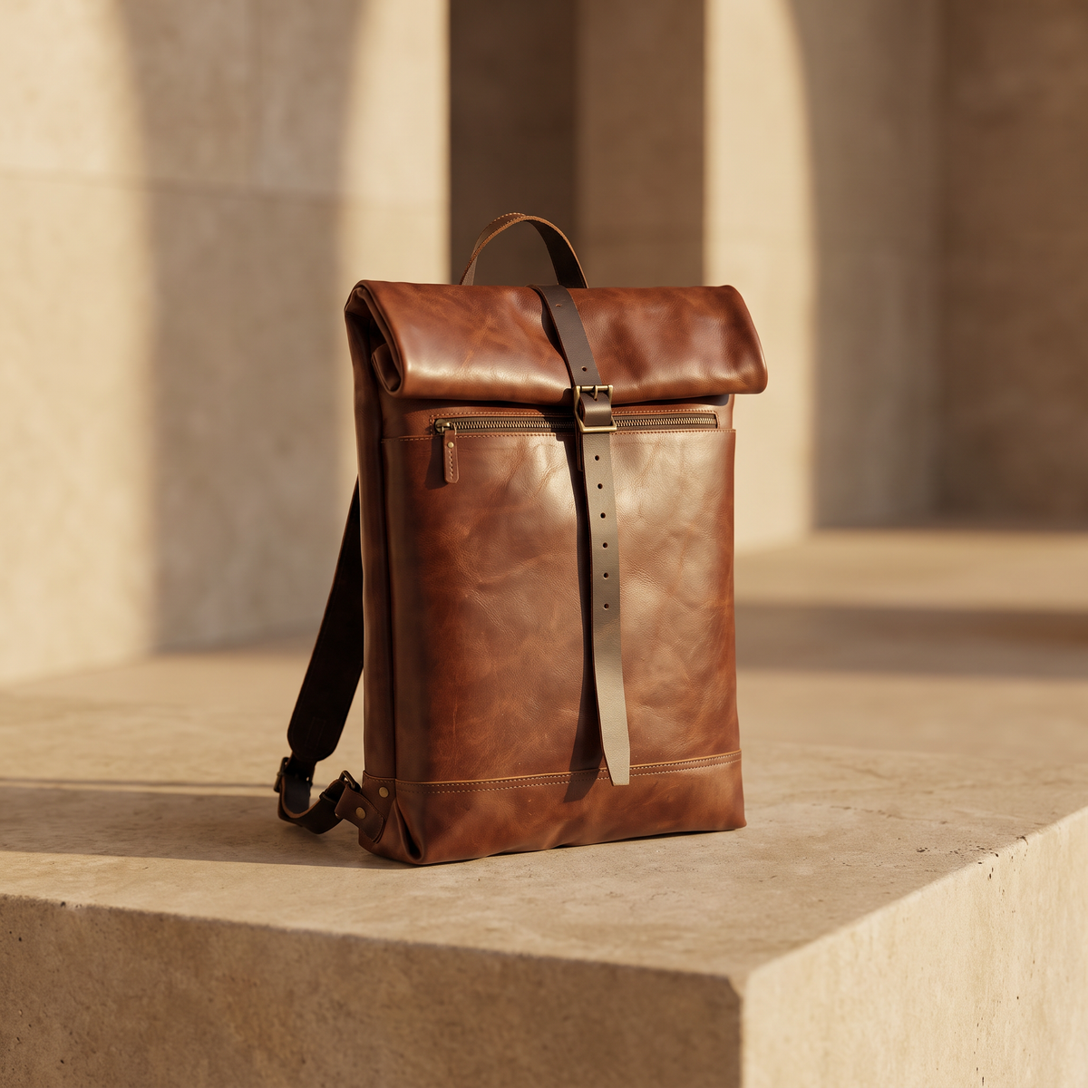 Brown leather roll-top backpack displayed on warm stone architecture in a luxury editorial setting.