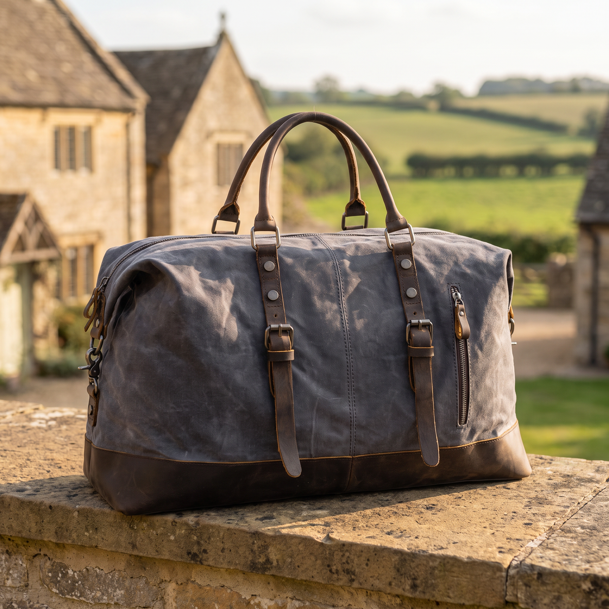 Grey waxed canvas holdall with a leather base and rolled leather handles on a stone wall.