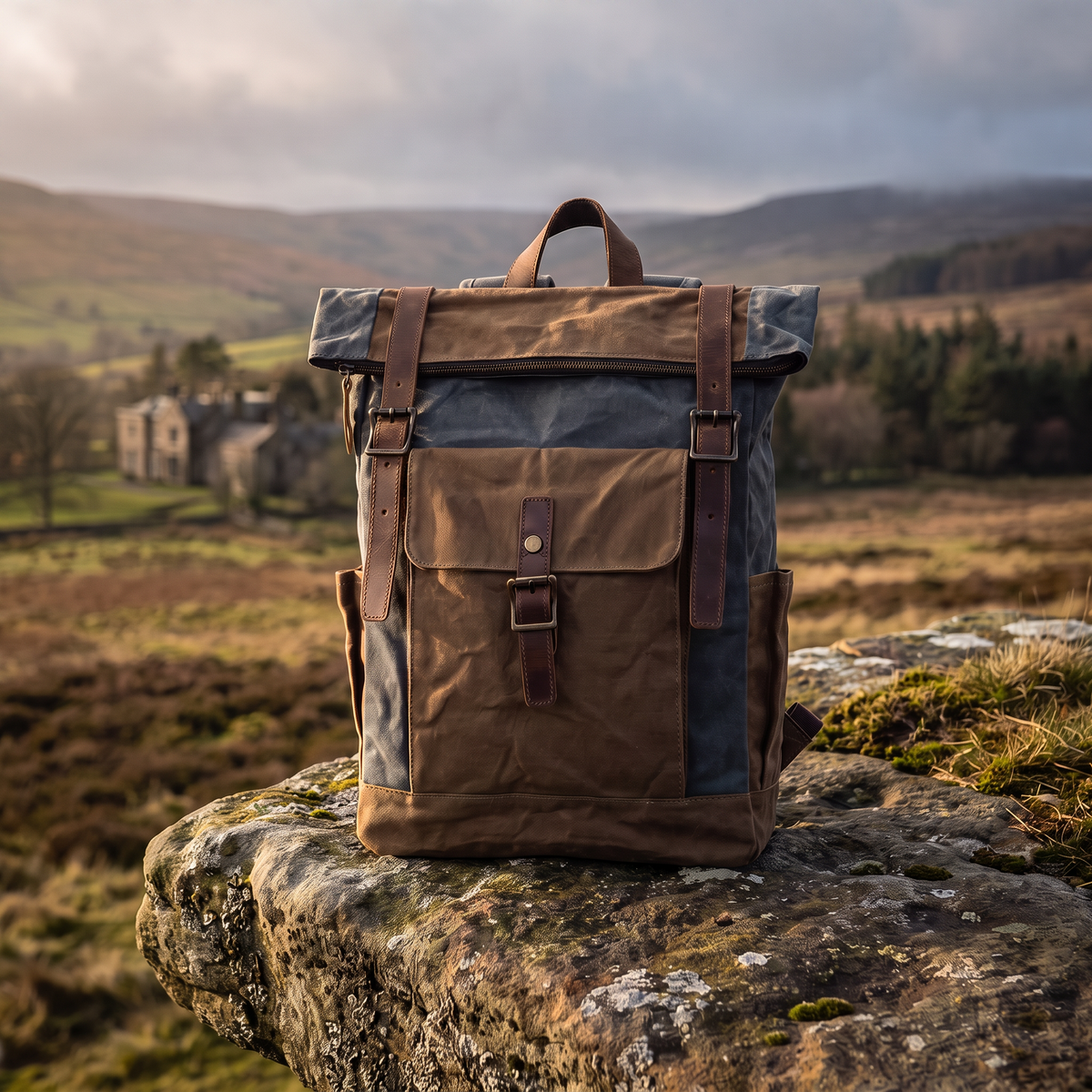 Waxed canvas roll-top backpack with leather straps, resting on a rock in open countryside.