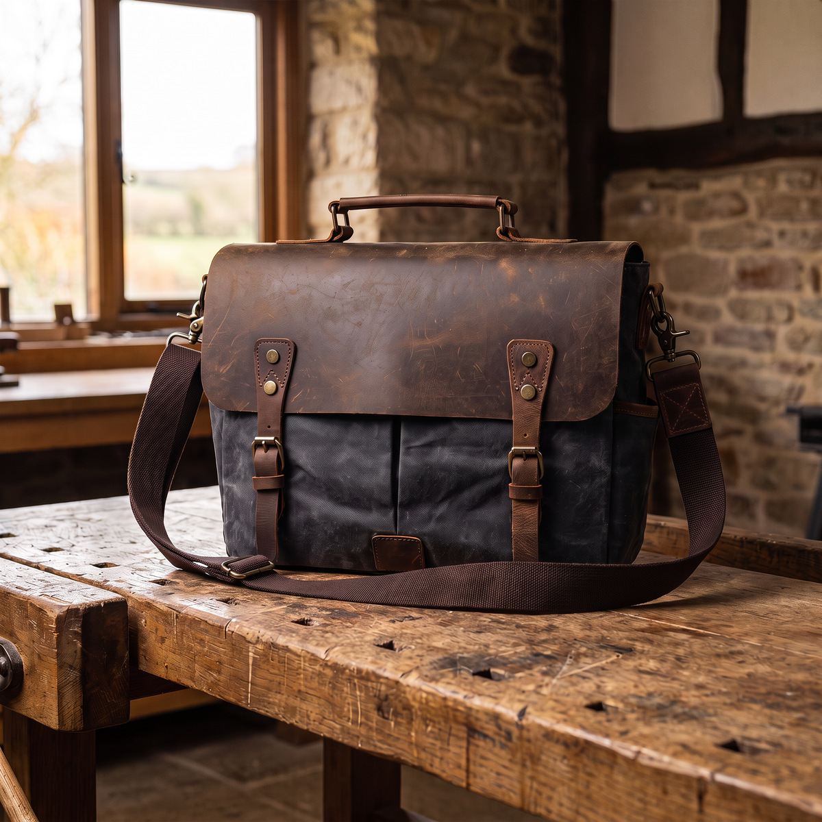 Charcoal waxed canvas briefcase with a leather flap and top handle on a workshop bench.