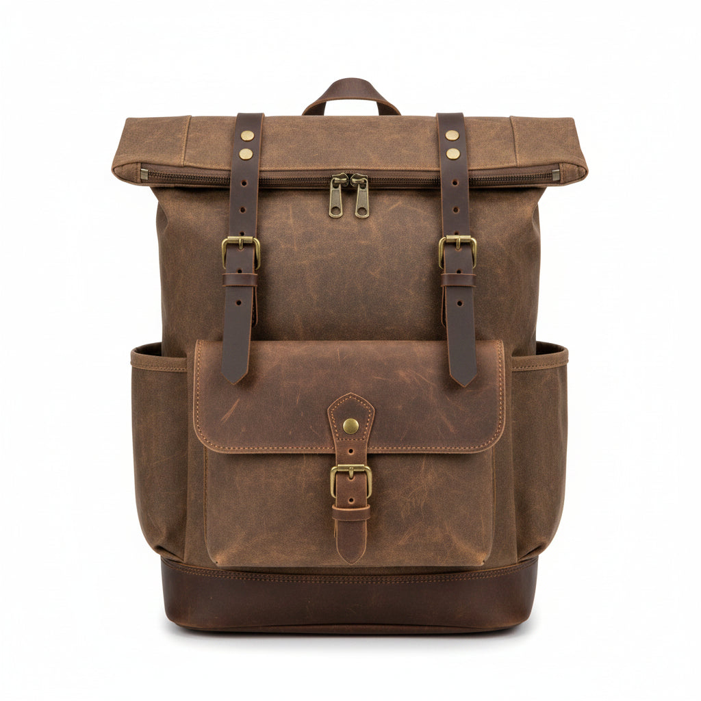 Side view of waxed canvas backpack showing open side pocket