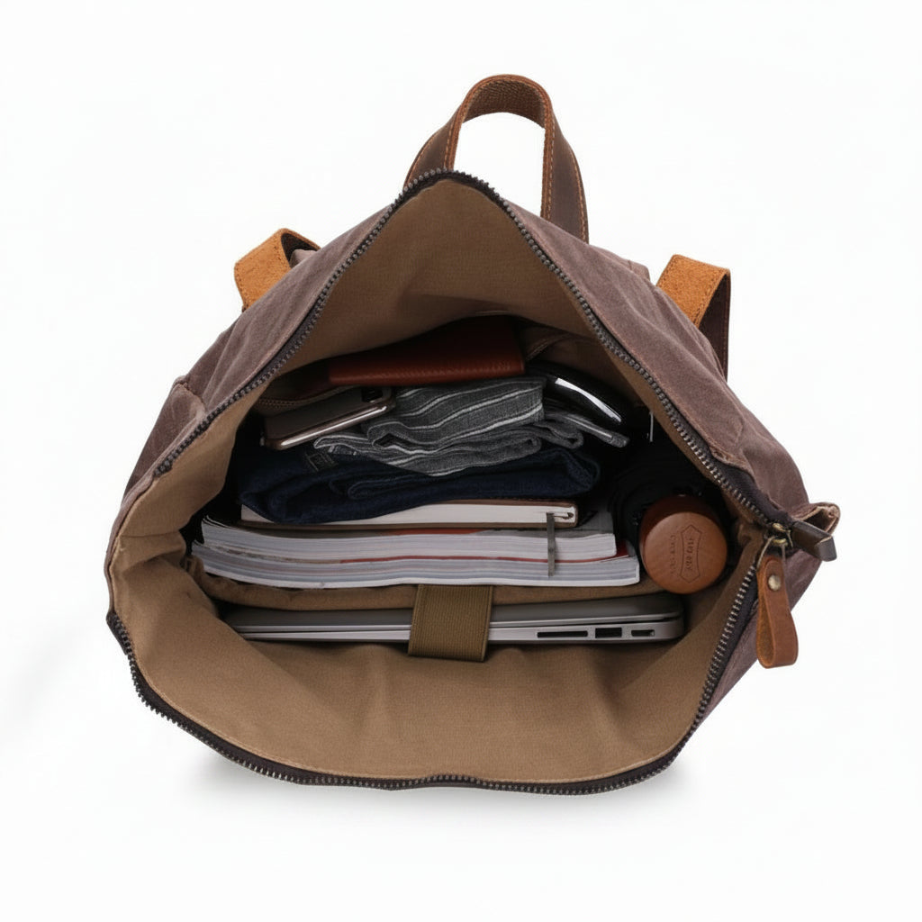 Army green waxed canvas rucksack with crazy horse leather straps