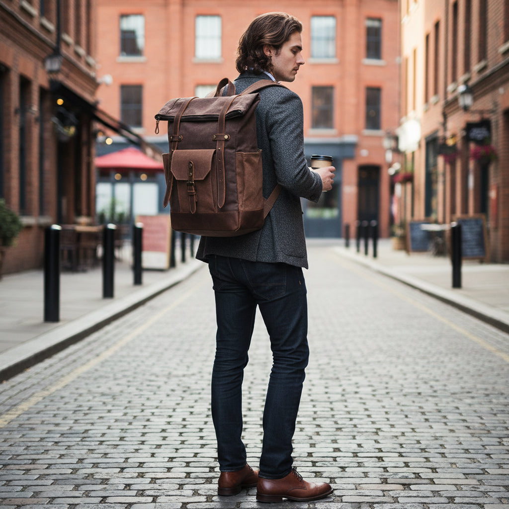 Grey oil-waxed canvas backpack with leather base panel and brass hardware