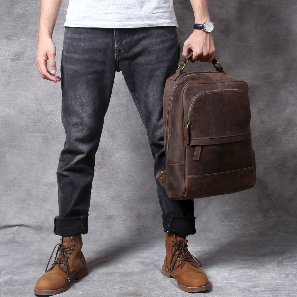 Scholar Leather Backpack in crazy horse leather, detail view