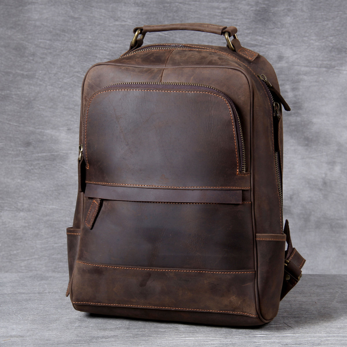 Scholar Leather Backpack in dark coffee crazy horse leather — Khal Gold