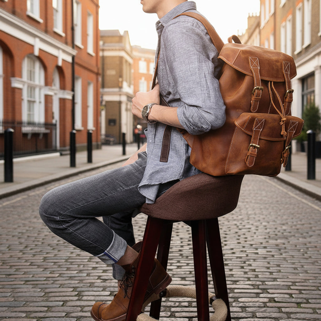 Person sitting on a stool wearing a brown leather backpack against a dark textured wall.