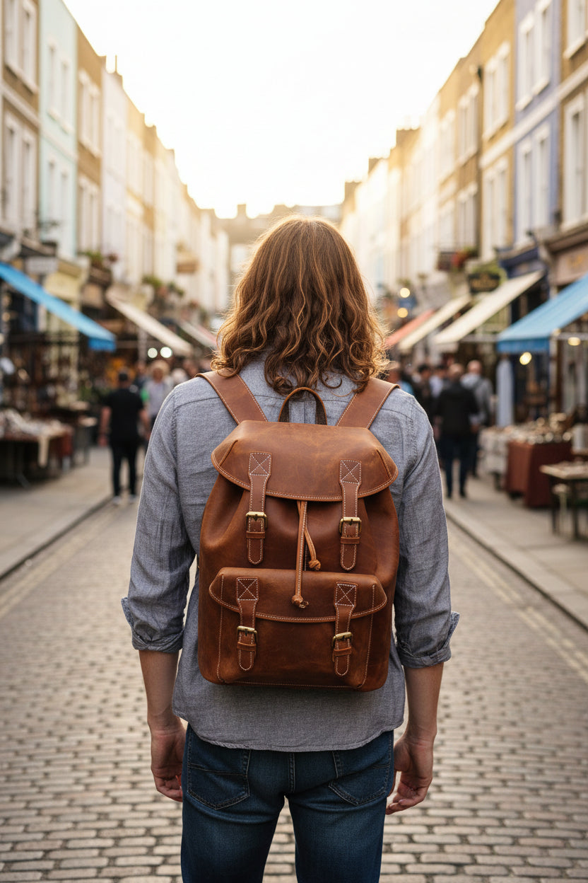 Hartwell Leather Rucksack in crazy horse leather, detail view