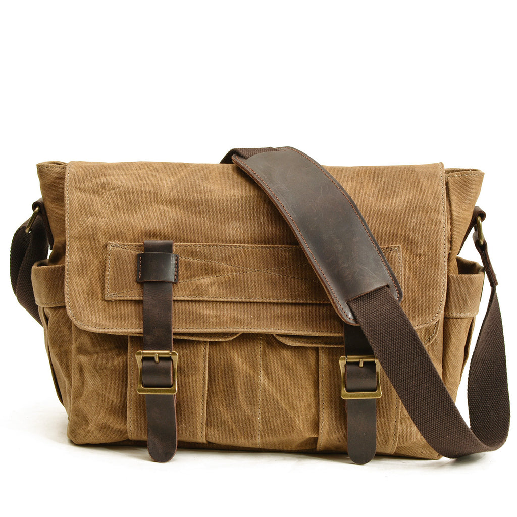 Clipper Waxed Canvas Messenger in khaki waxed canvas — Khal Gold