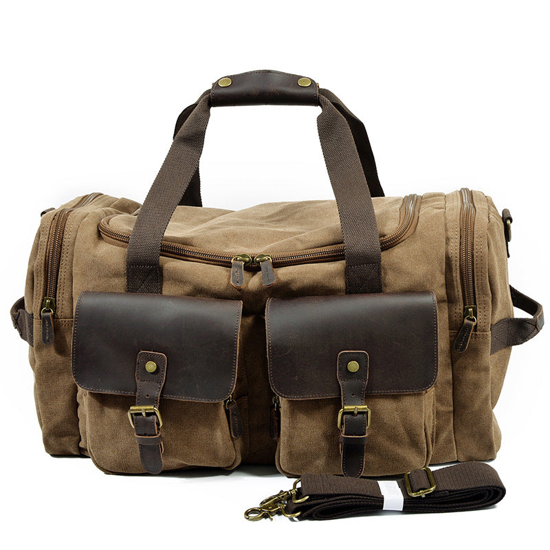 Interior of canvas overnight bag showing laptop section