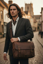 Wide adjustable crossbody strap on waxed canvas messenger bag