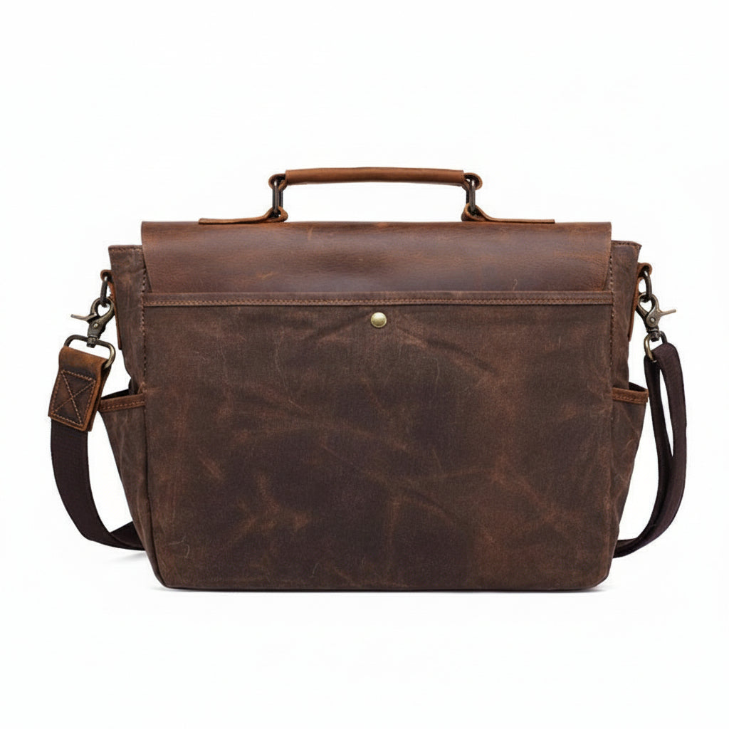 Brown waxed canvas camera bag, three-quarter view