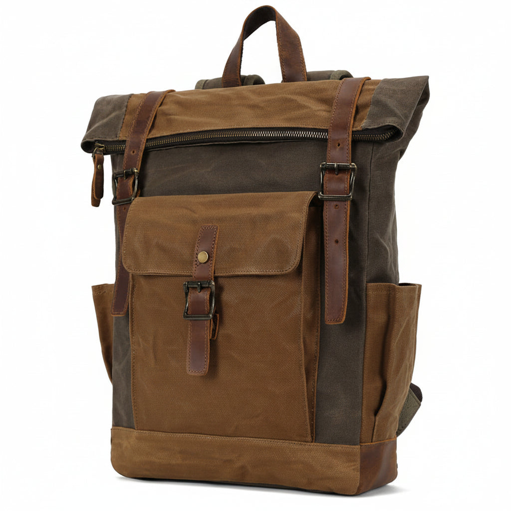 Ashcroft roll-top backpack in tan and dark olive waxed canvas, three-quarter view