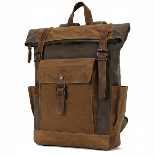 Ashcroft roll-top backpack in tan and dark olive waxed canvas, three-quarter view