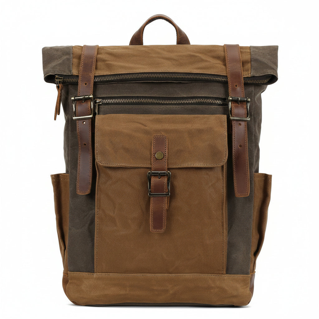 Ashcroft roll-top backpack in tan and dark olive waxed canvas, front view