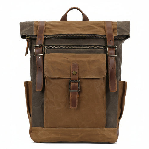 Ashcroft roll-top backpack in tan and dark olive waxed canvas, front view