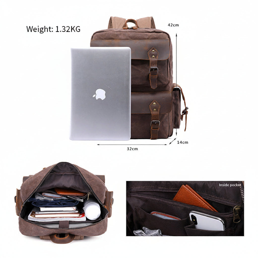 A brown canvas backpack shown on a white background with size measurements, weight text, a laptop placed inside, and two inset photos showing the open interior and inside pocket details. 
