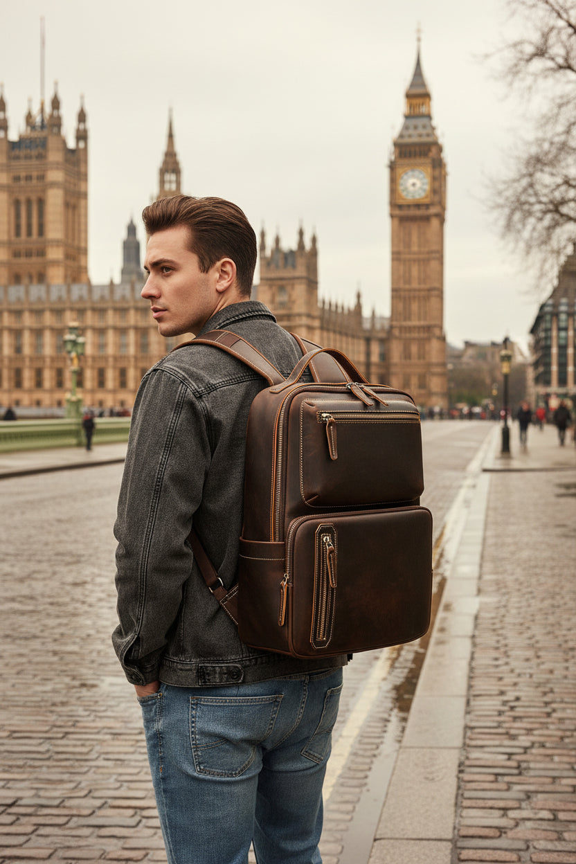 Man carrying a dark brown leather travel backpack past Westminster in London — Khal Gold