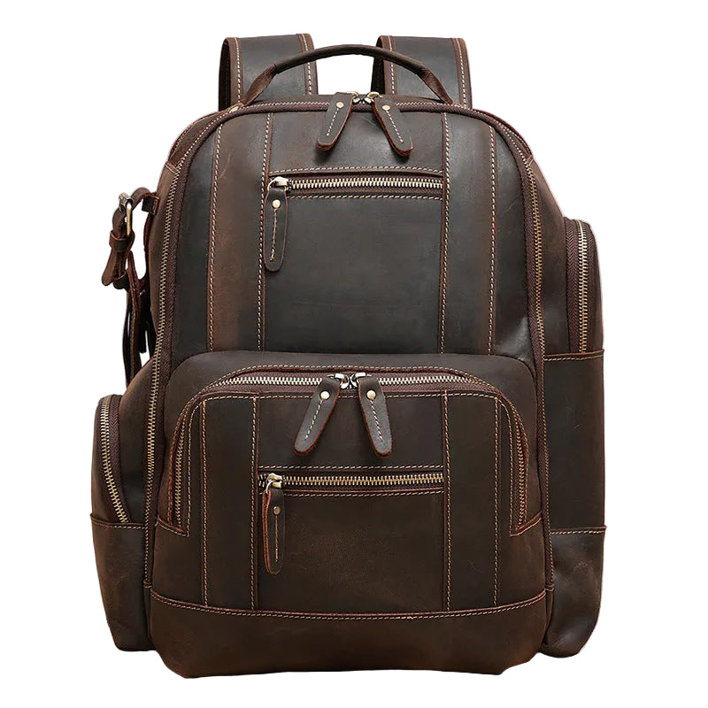 Warwick Leather Backpack in dark brown distressed leather, three-quarter view — Khal Gold