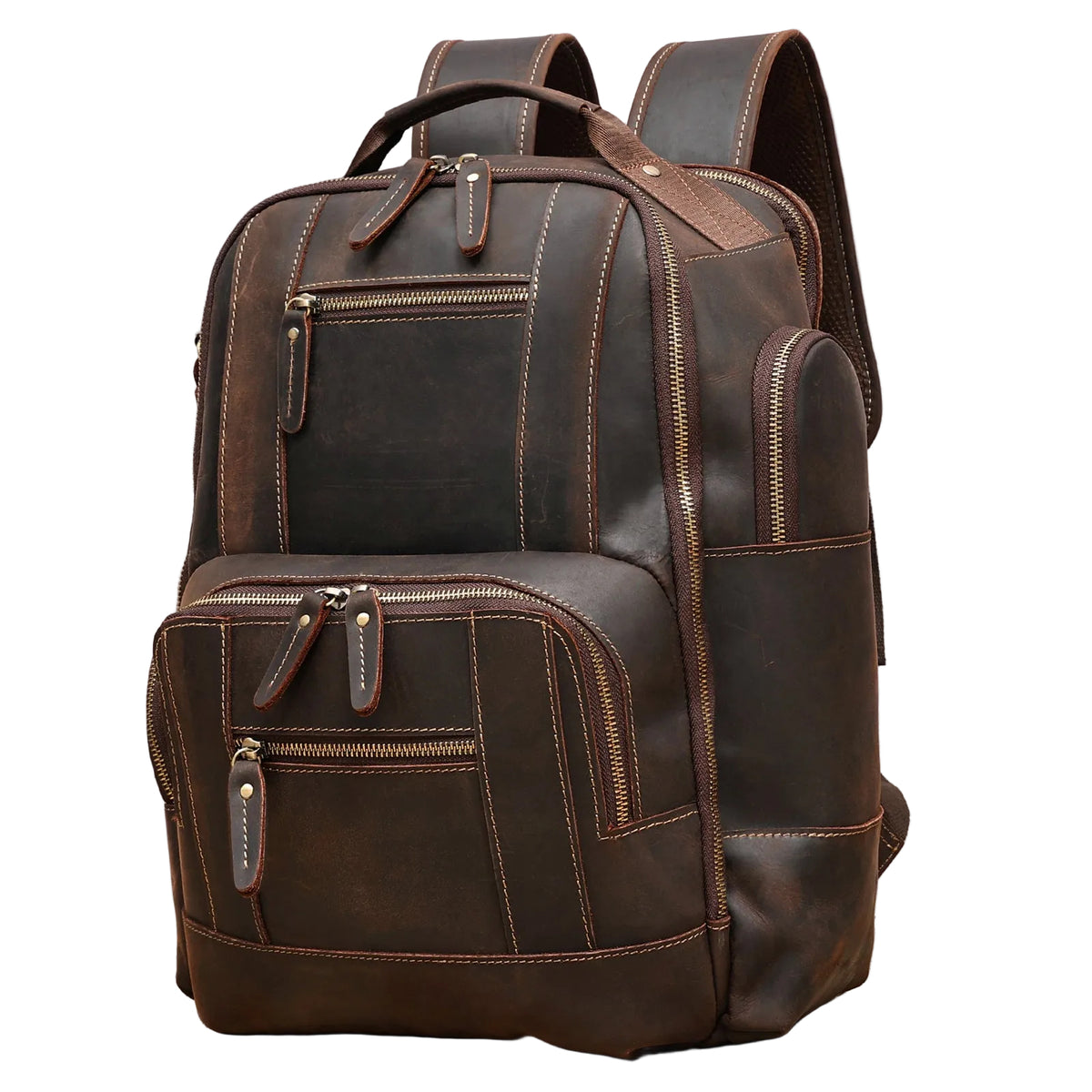 Warwick Leather Backpack in dark brown crazy horse leather, showing the twin top handles and zipped front compartments — Khal Gold