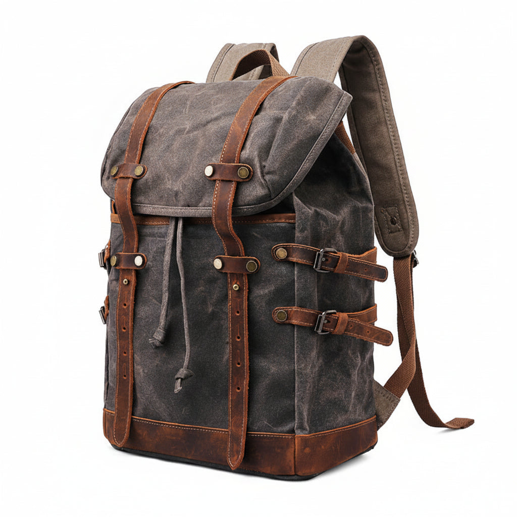 Highland Waxed Canvas Rucksack in dark grey with brown leather straps and trim — Khal Gold