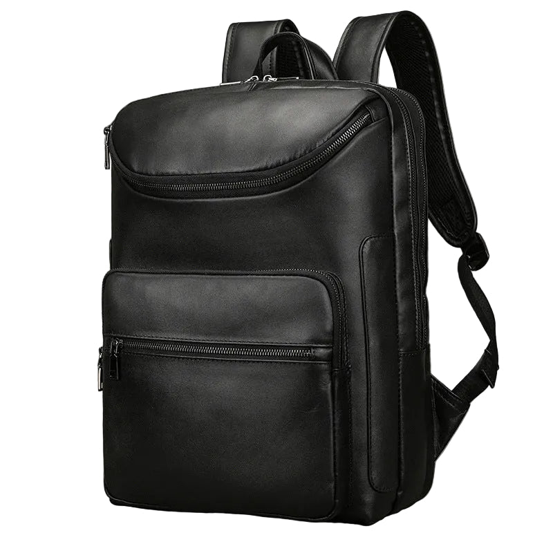 Black leather backpack on a gray background