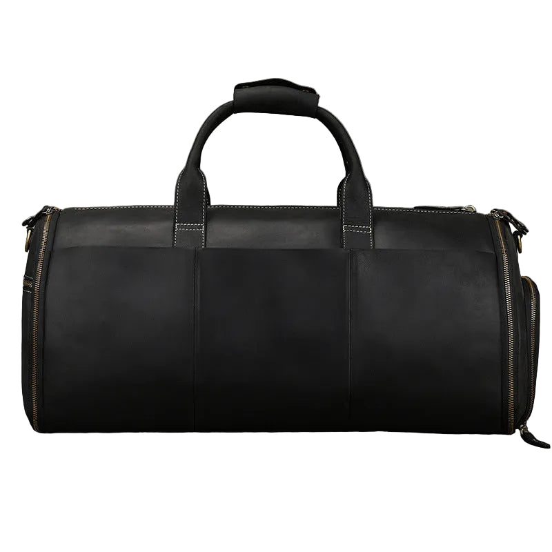 Black leather duffel bag on a gray background
