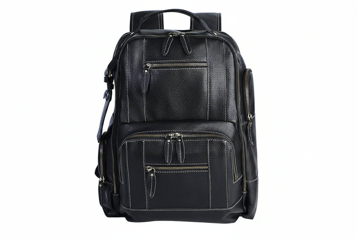 Warwick Leather Backpack in pebbled black leather with contrast stitching — Khal Gold