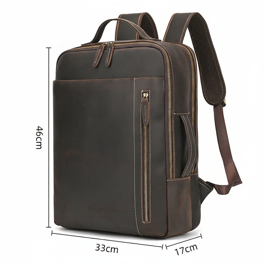 Metropolitan Leather Backpack in dark brown crazy horse leather with dimension lines showing 33 cm wide, 46 cm high and 17 cm deep