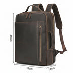 Metropolitan Leather Backpack in dark brown crazy horse leather with dimension lines showing 33 cm wide, 46 cm high and 17 cm deep