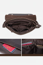 Brown leather bag with compartments labeled, including a passport inside.