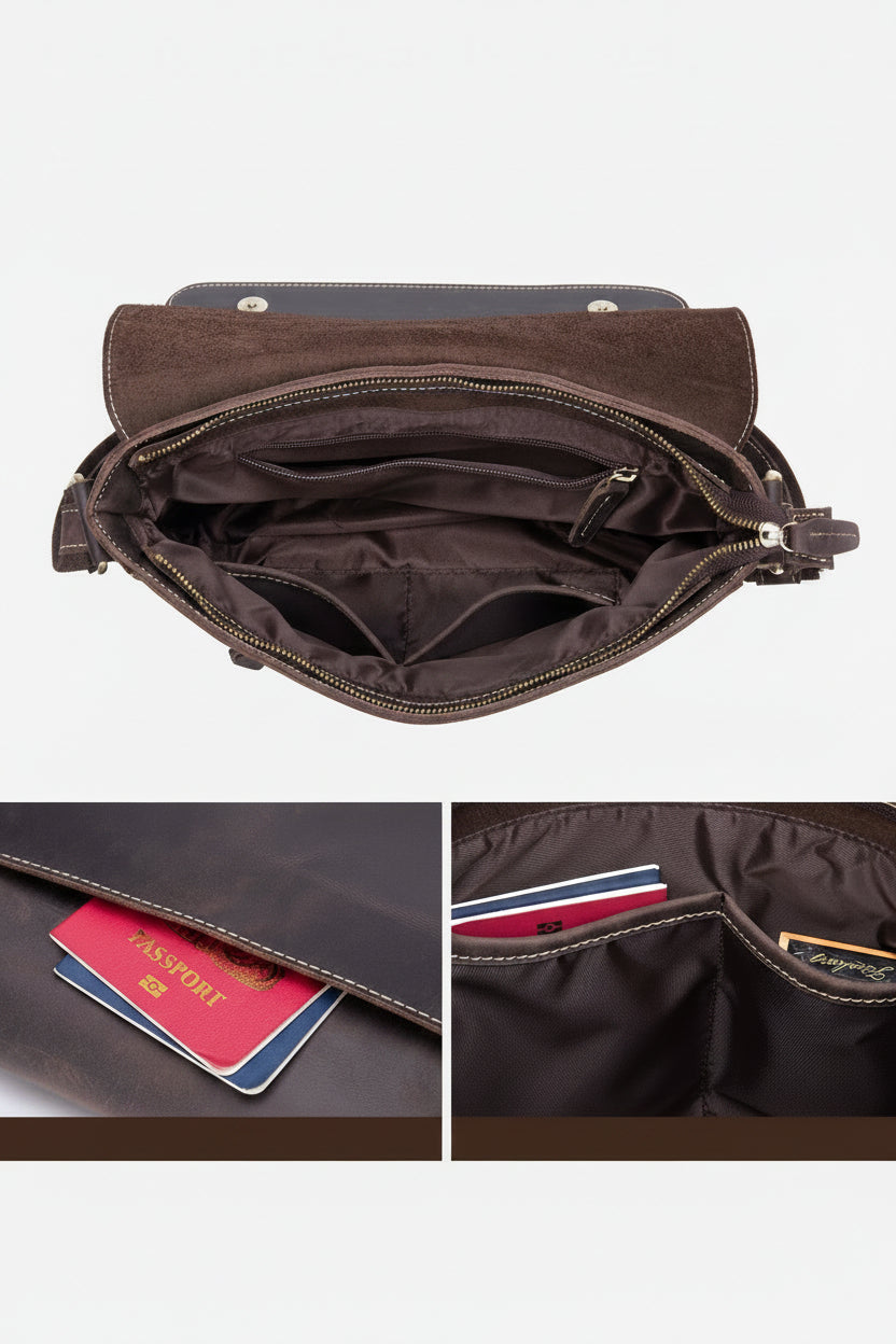 Brown leather bag with compartments labeled, including a passport inside.