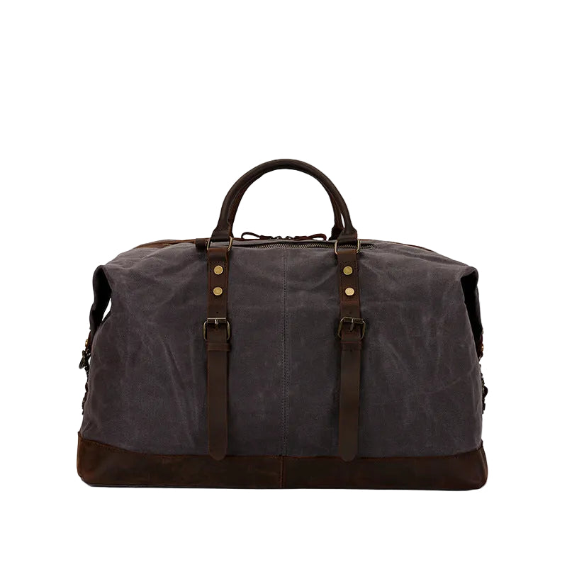 Grey canvas weekender, three-quarter view