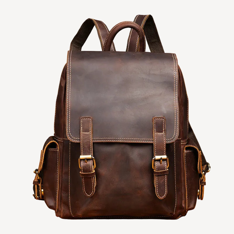 Beacon Leather Flap Backpack, front view — Khal Gold