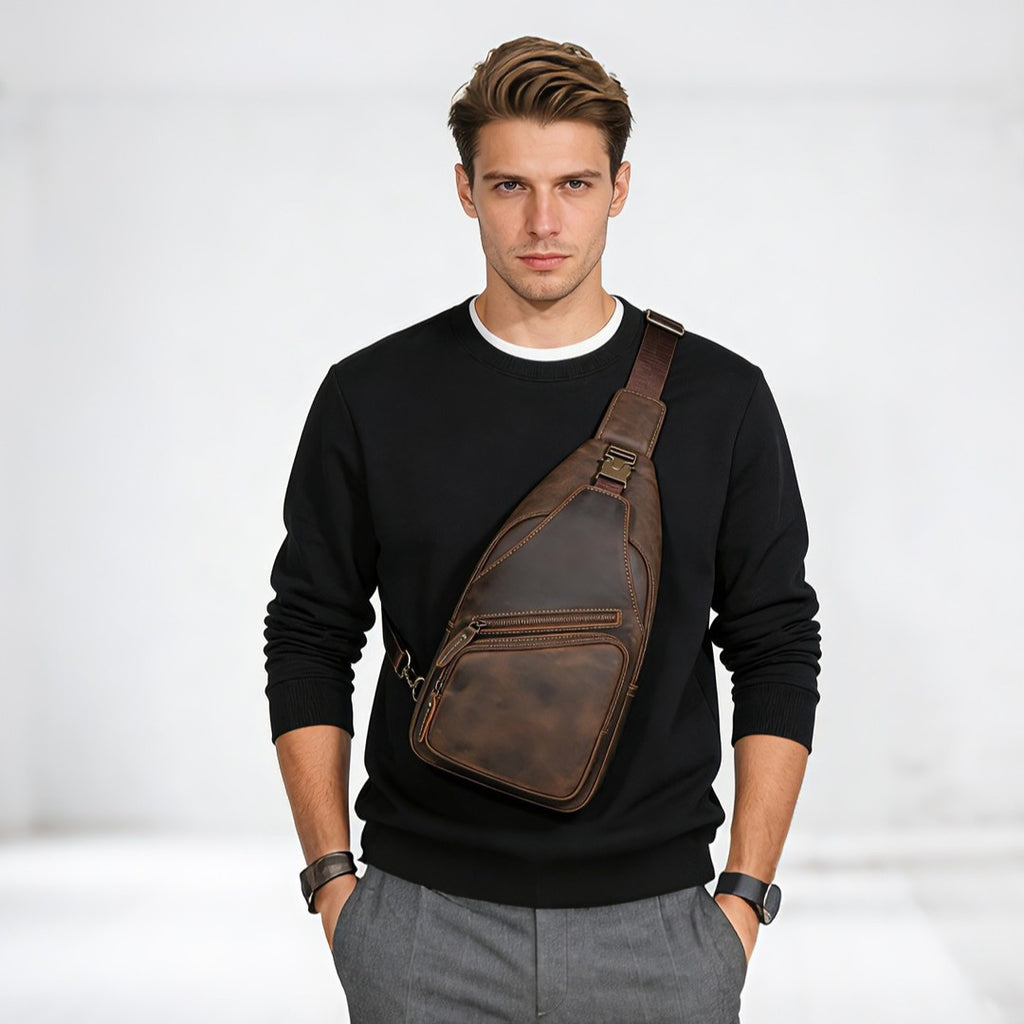 Ranger Leather Sling Bag in dark brown crazy horse cowhide, worn across the chest — Khal Gold