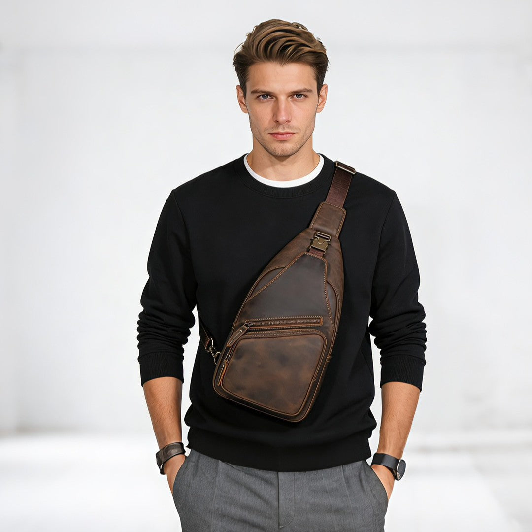 Ranger Leather Sling Bag in dark brown crazy horse cowhide, worn across the chest — Khal Gold