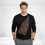 Ranger Leather Sling Bag in dark brown crazy horse cowhide, worn across the chest — Khal Gold