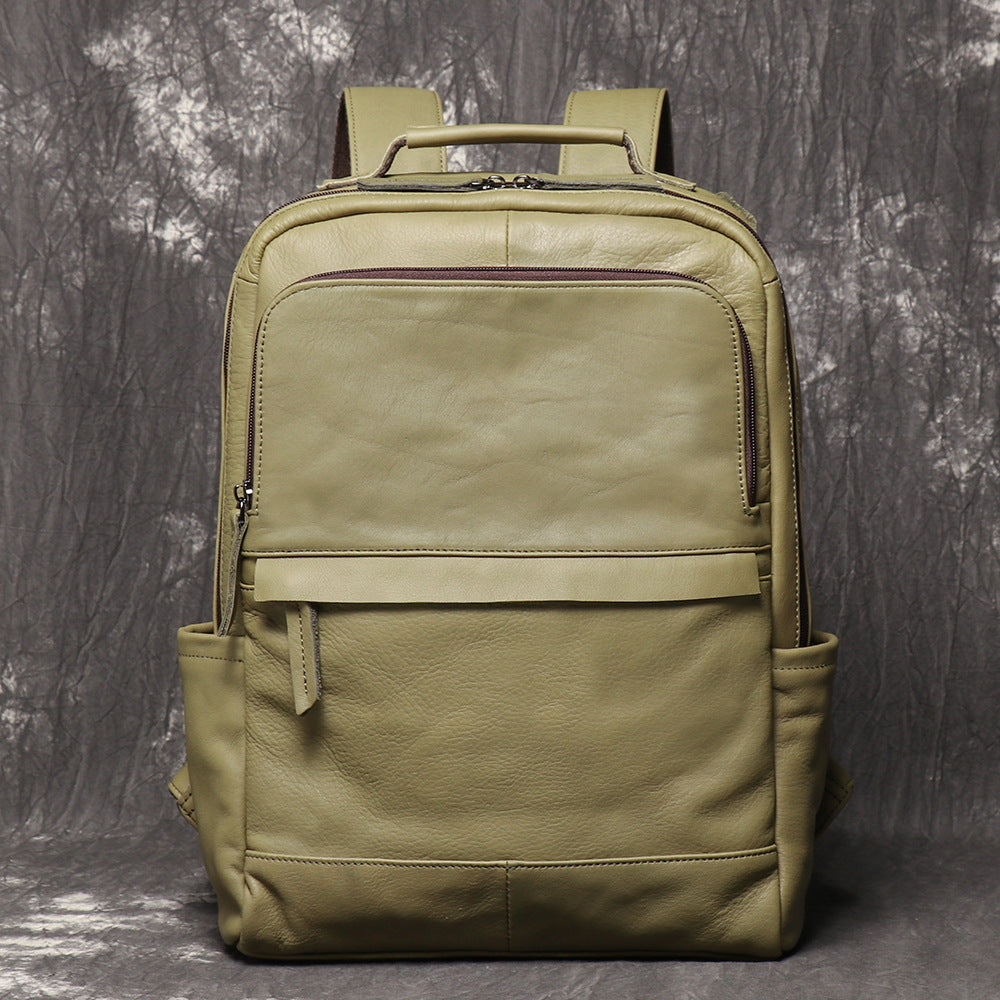 Front zip pocket detail on the cowhide rucksack
