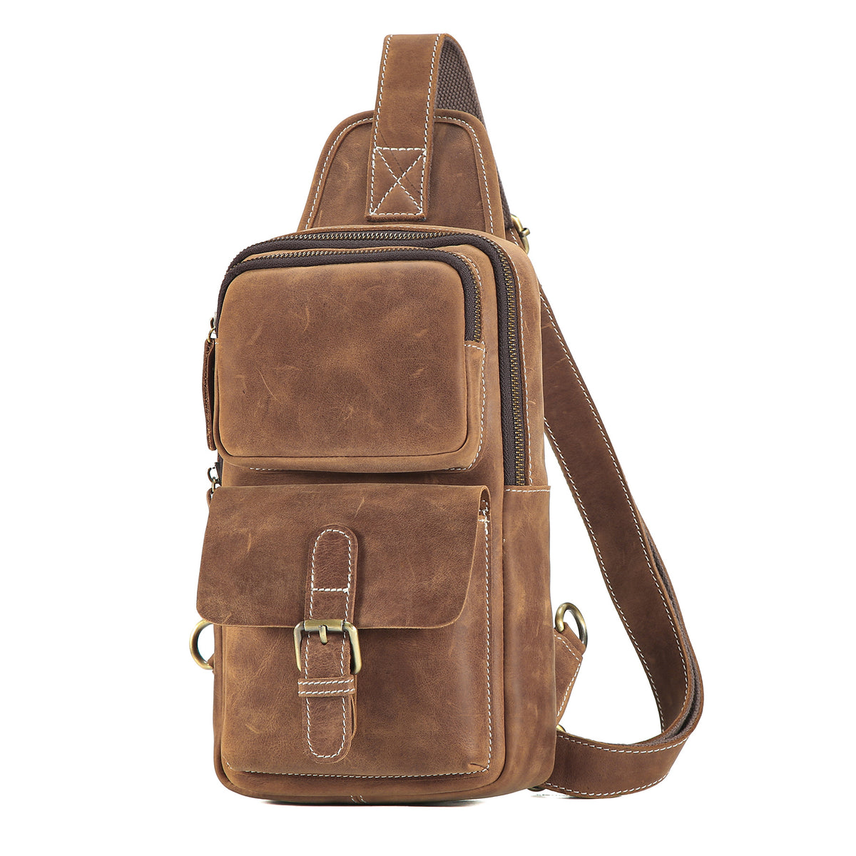 Scout Leather Chest Bag in brown crazy horse leather — Khal Gold