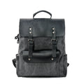 Black cotton canvas college backpack with crazy horse leather trim, front view