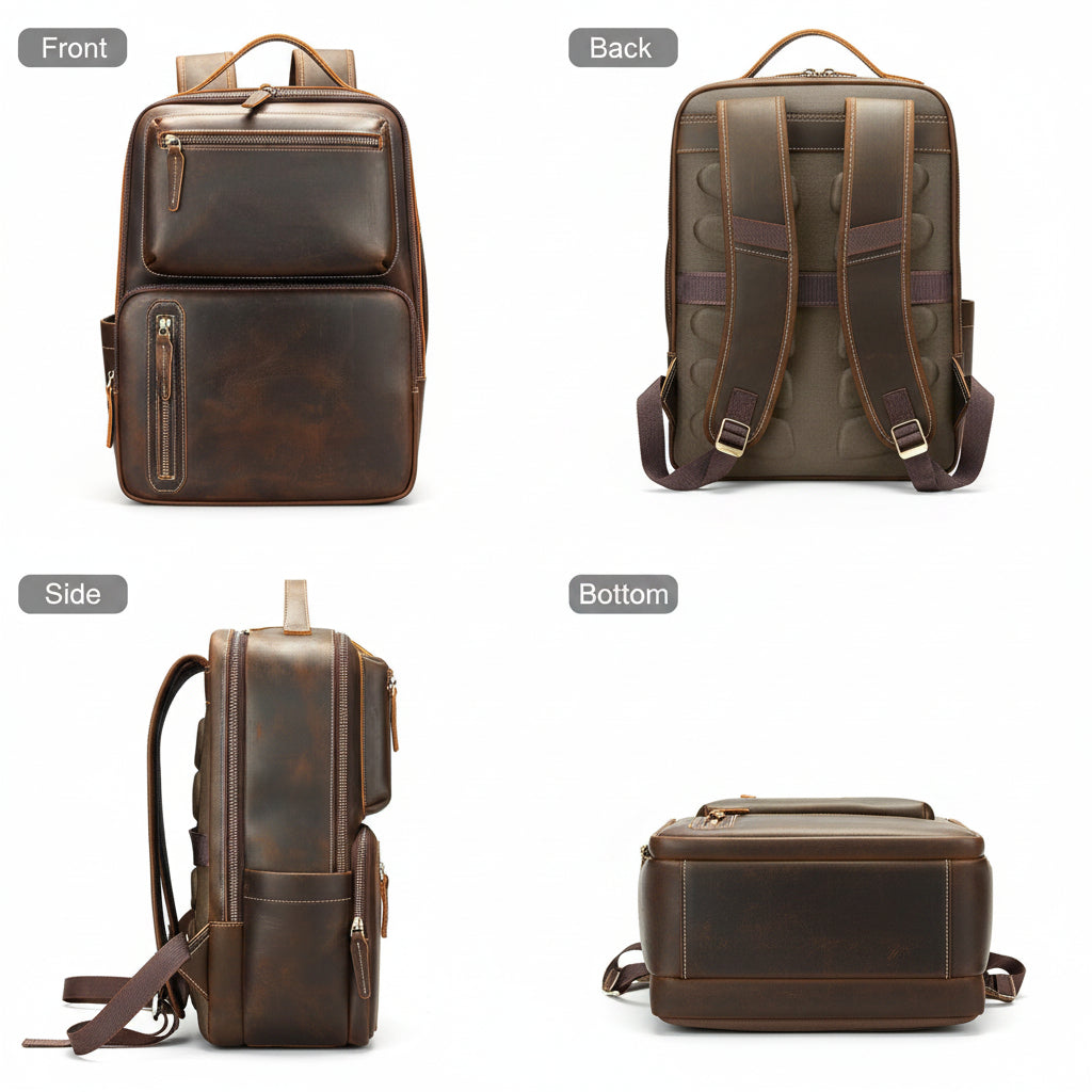 Chancery Leather Backpack in crazy horse leather, detail view