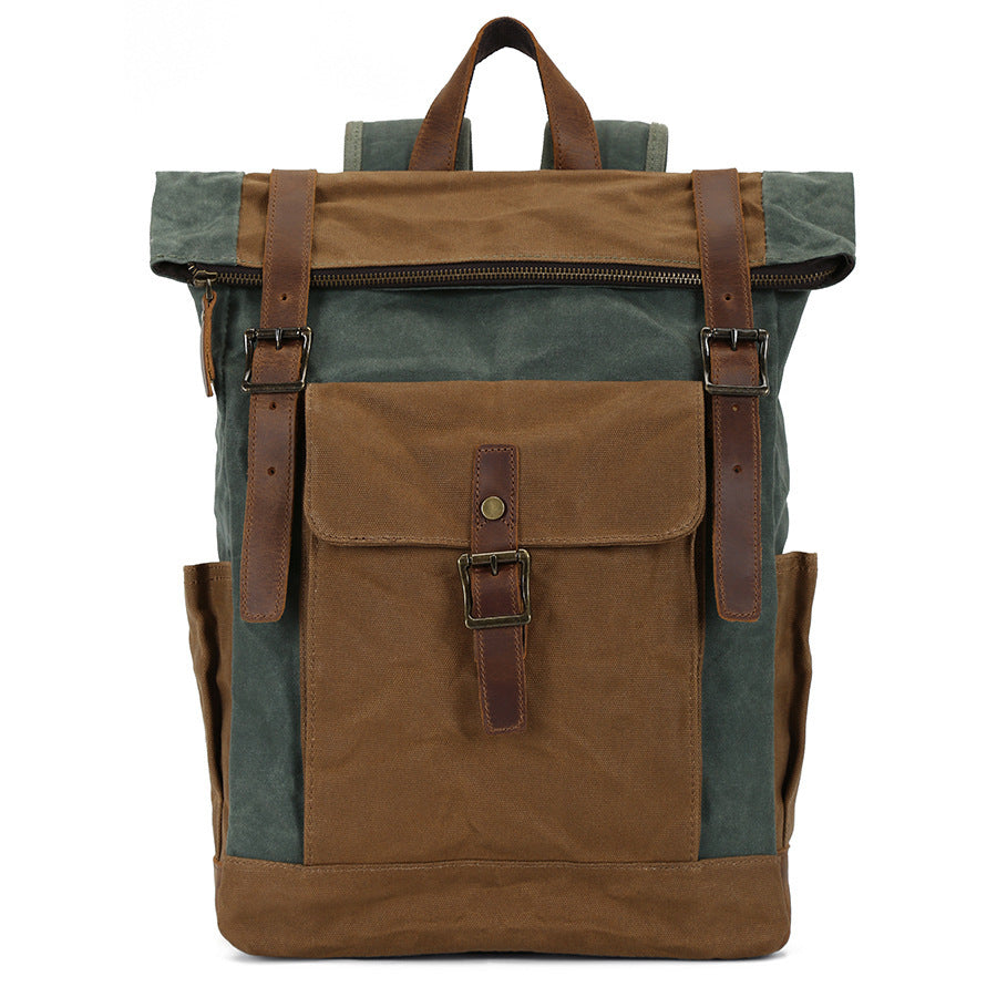 Ashcroft roll-top backpack in army green and brown waxed canvas, front view