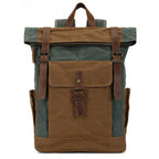 Ashcroft roll-top backpack in army green and brown waxed canvas, front view