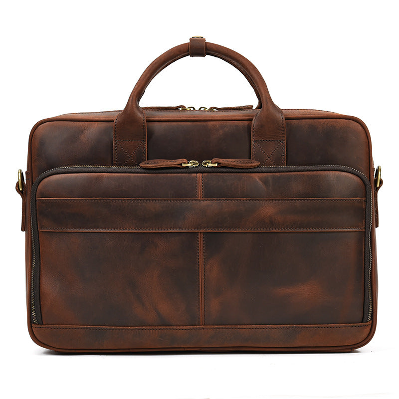 Mayfair Leather Briefcase in brown leather, front view with twin rolled handles — Khal Gold